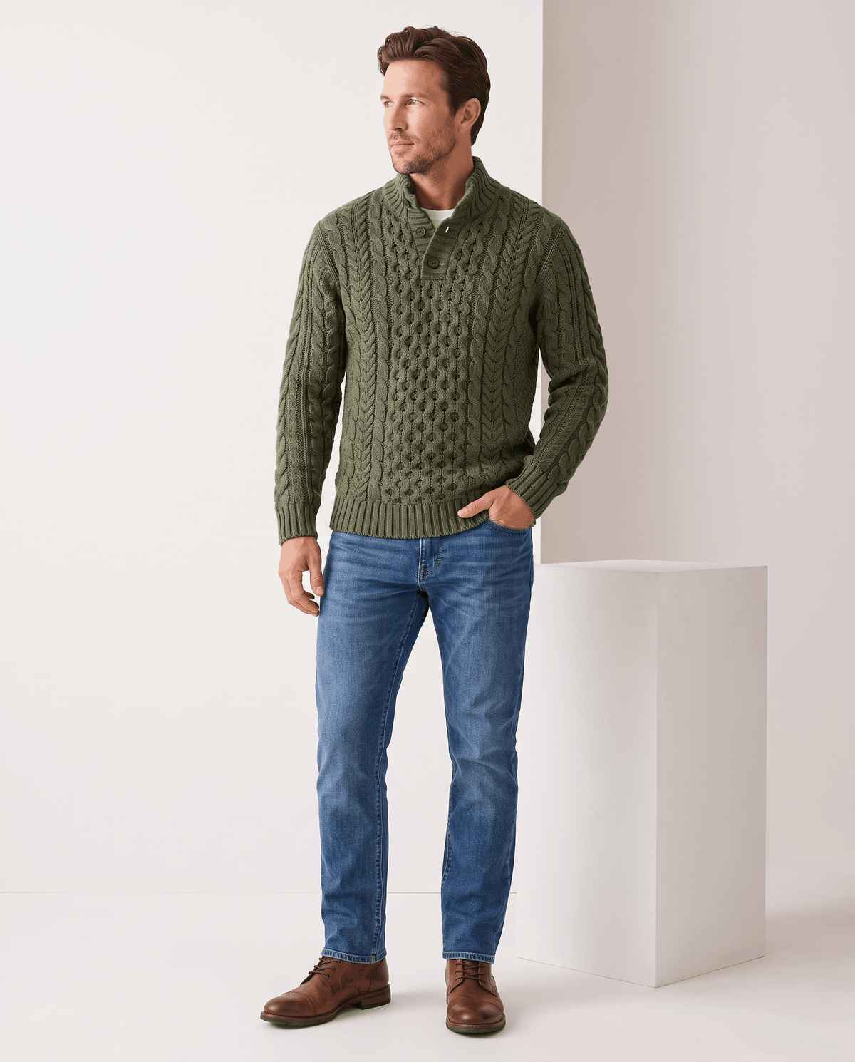 Button Mock Neck Cable-Knit Sweater – Chunky Diamond Pattern, Relaxed Fit & Ribbed Cuffs | Magnus