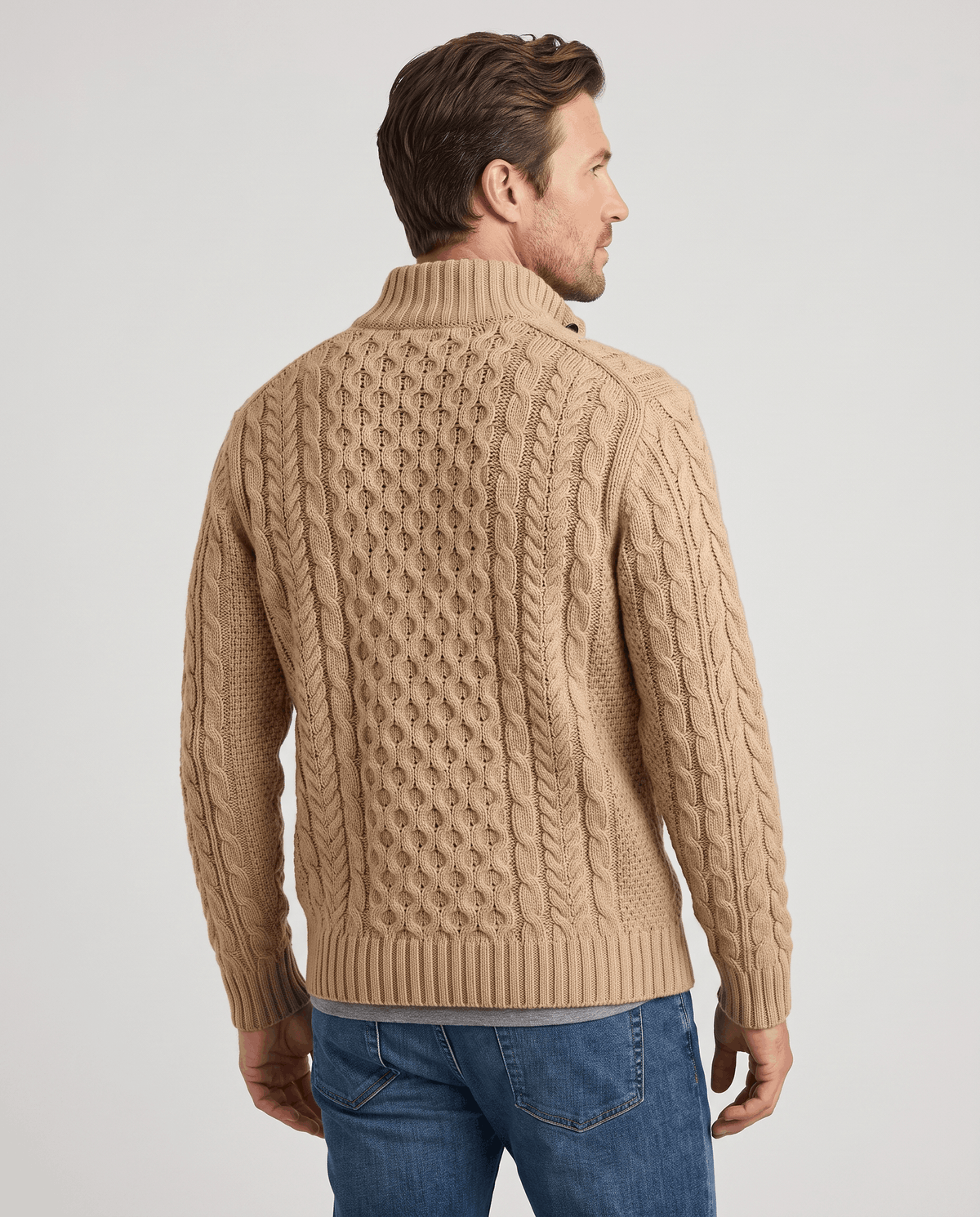 Button Mock Neck Cable-Knit Sweater – Chunky Diamond Pattern, Relaxed Fit & Ribbed Cuffs | Magnus