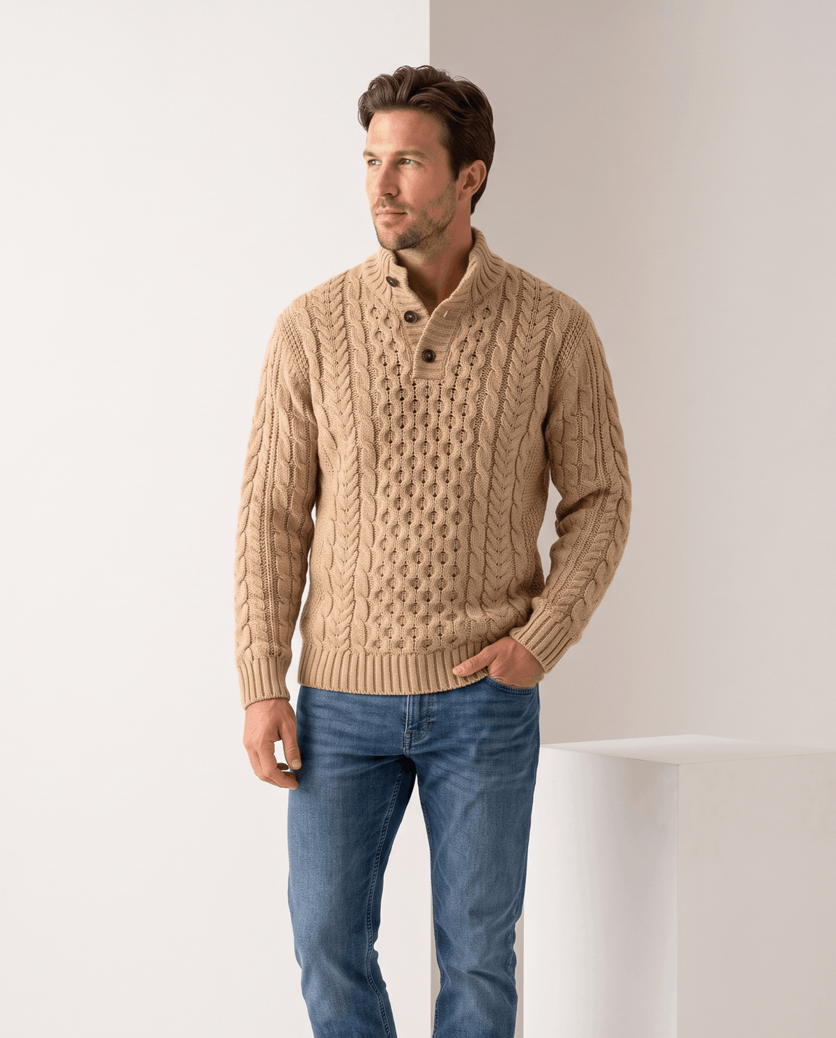 Button Mock Neck Cable-Knit Sweater – Chunky Diamond Pattern, Relaxed Fit & Ribbed Cuffs | Magnus