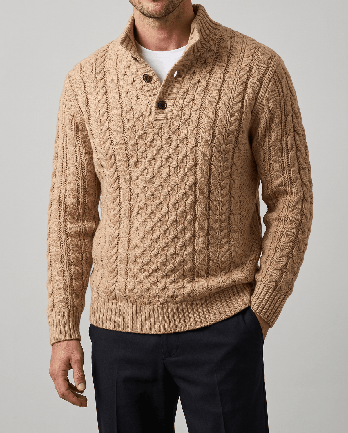 Button Mock Neck Cable-Knit Sweater – Chunky Diamond Pattern, Relaxed Fit & Ribbed Cuffs | Magnus
