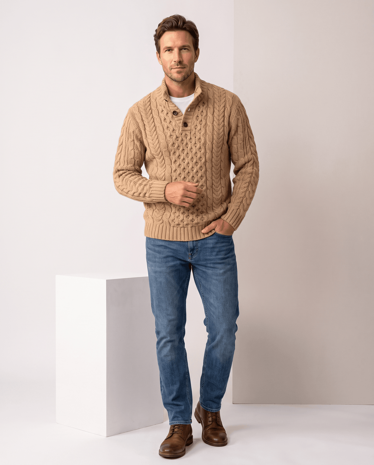 Button Mock Neck Cable-Knit Sweater – Chunky Diamond Pattern, Relaxed Fit & Ribbed Cuffs | Magnus