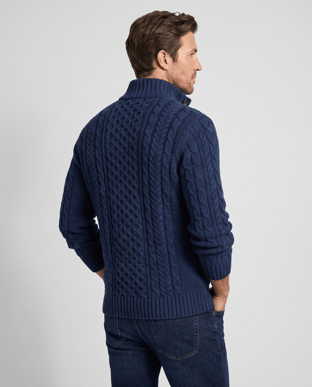 Button Mock Neck Cable-Knit Sweater – Chunky Diamond Pattern, Relaxed Fit & Ribbed Cuffs | Magnus