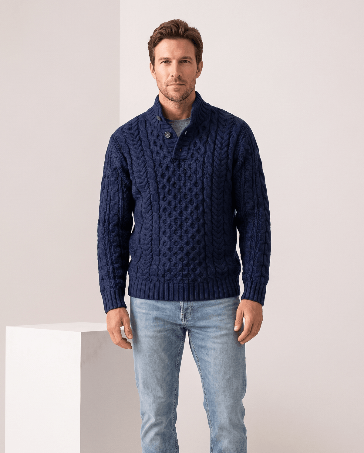 Button Mock Neck Cable-Knit Sweater – Chunky Diamond Pattern, Relaxed Fit & Ribbed Cuffs | Magnus