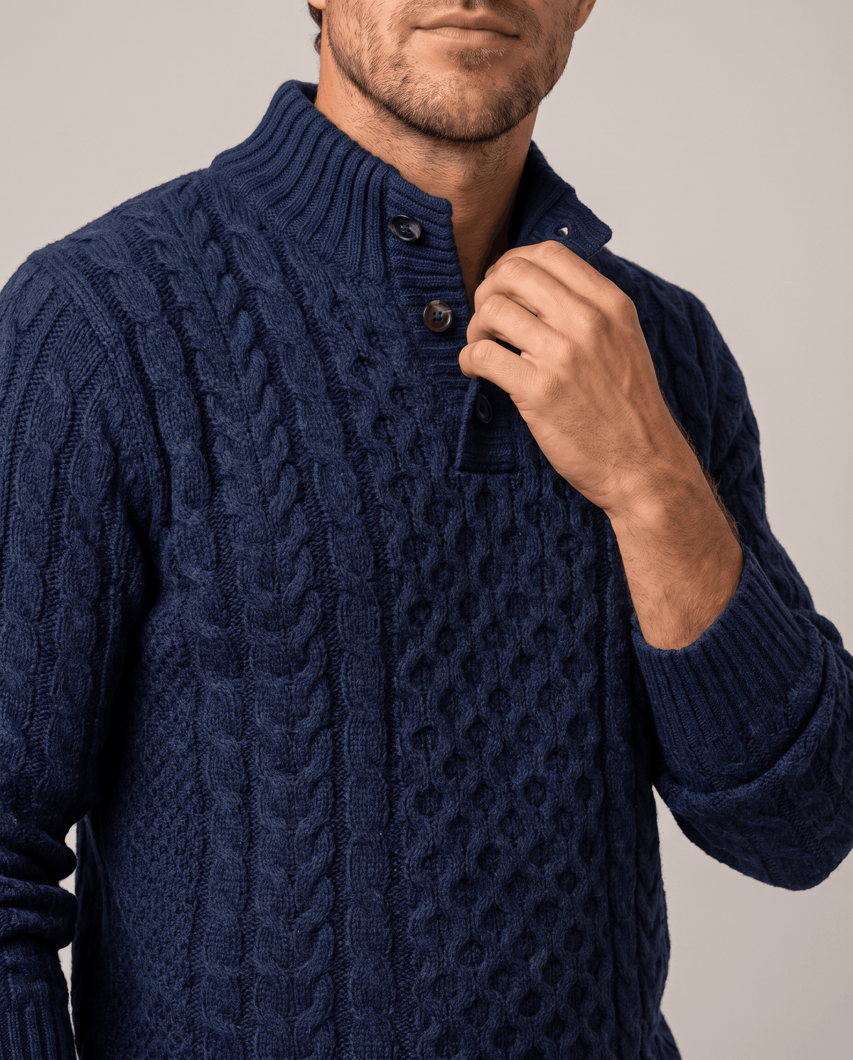 Button Mock Neck Cable-Knit Sweater – Chunky Diamond Pattern, Relaxed Fit & Ribbed Cuffs | Magnus