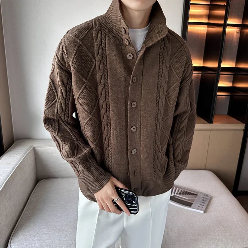 Men's Cable Knit Cardigan Sweater with Stand Collar and Button Up