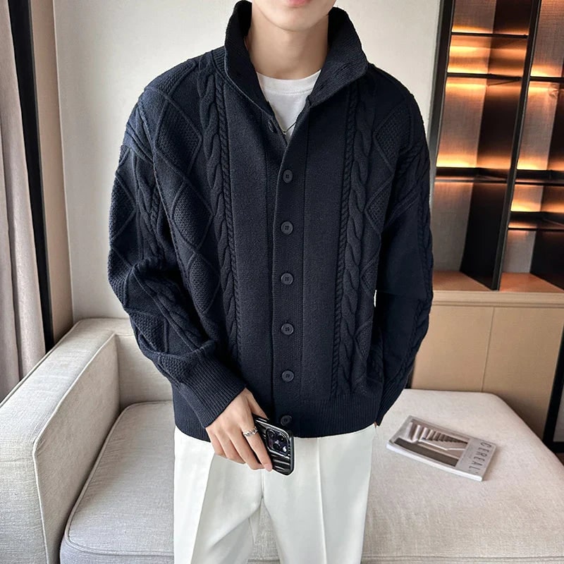 Men's Cable Knit Cardigan Sweater with Stand Collar and Button Up