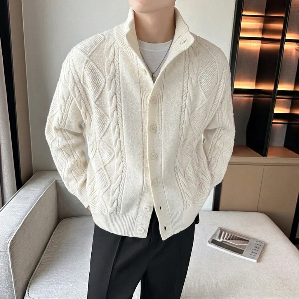 Men's Cable Knit Cardigan Sweater with Stand Collar and Button Up