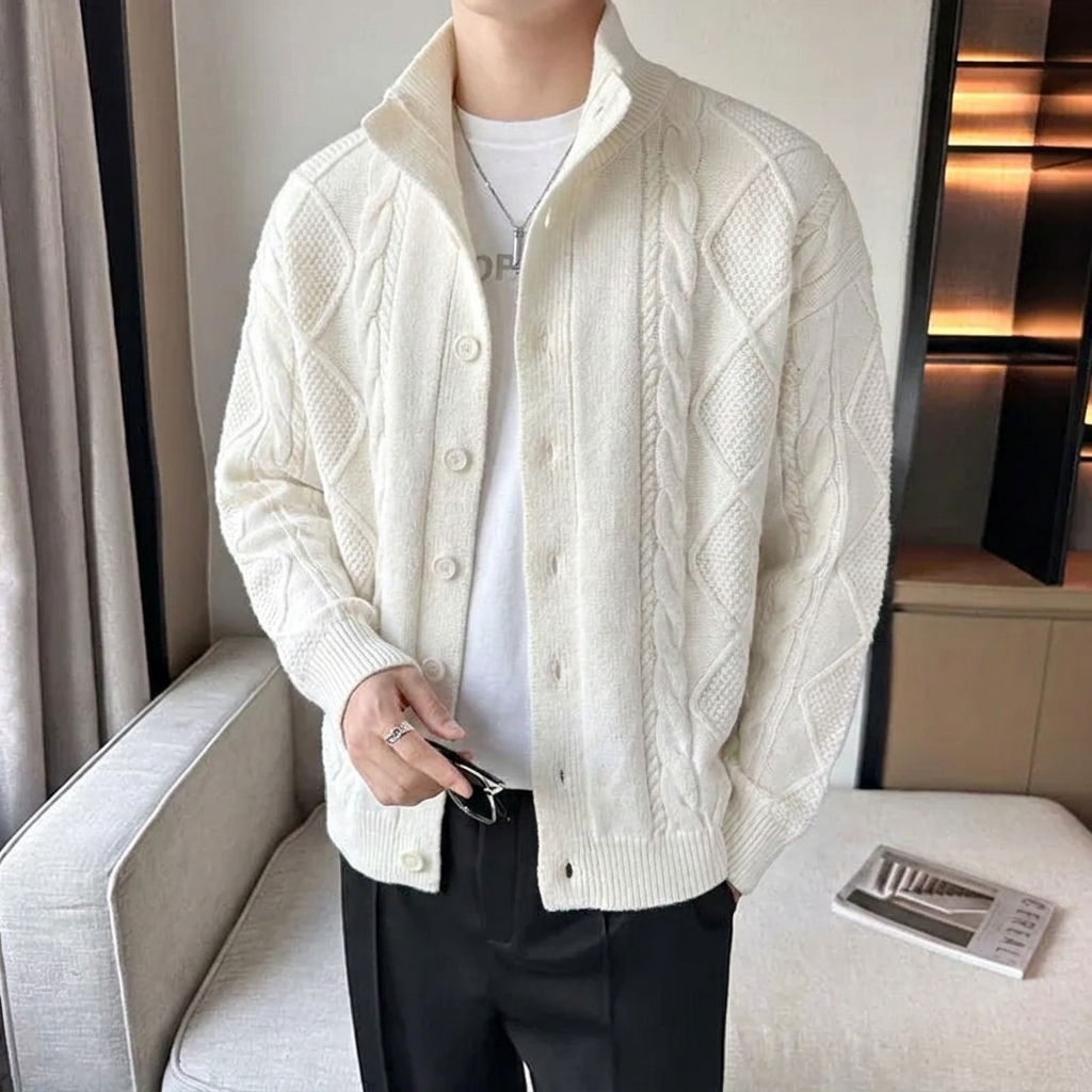 Men's Cable Knit Cardigan Sweater with Stand Collar and Button Up