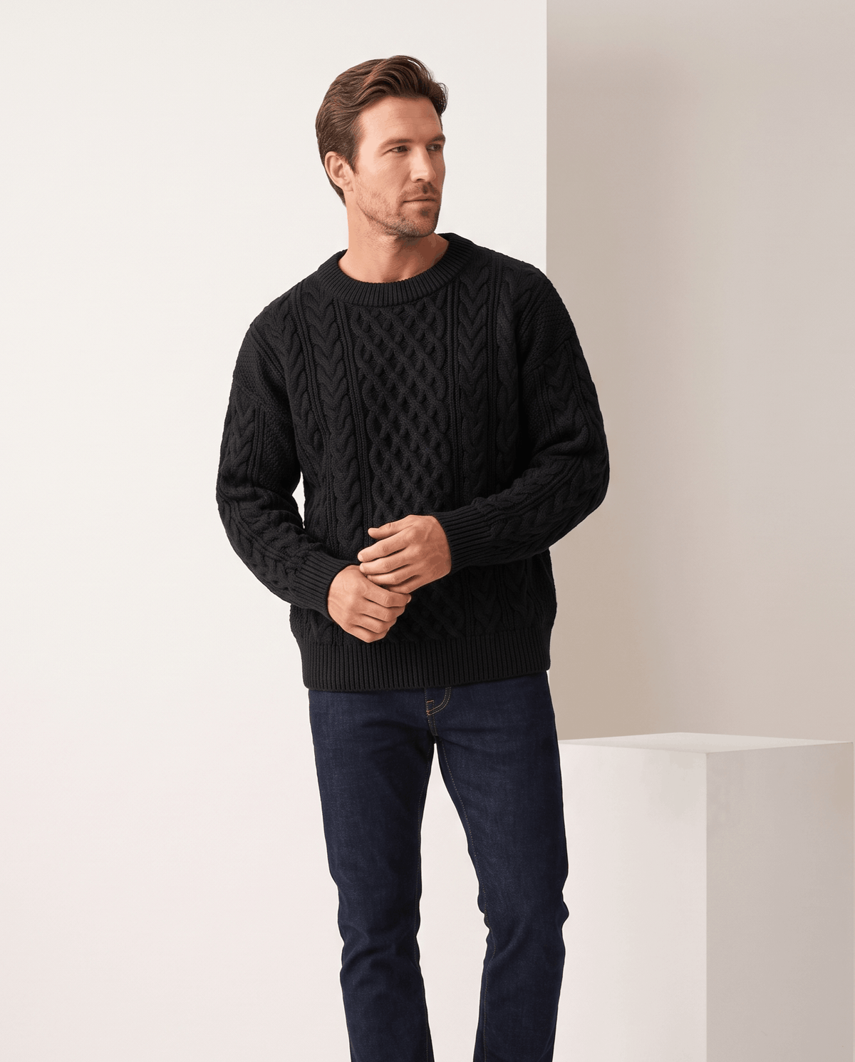 Chunky Cable-Knit Crew Neck Sweater – Fisherman Diamond Pattern, Ribbed Trim & Regular Fit | Anton