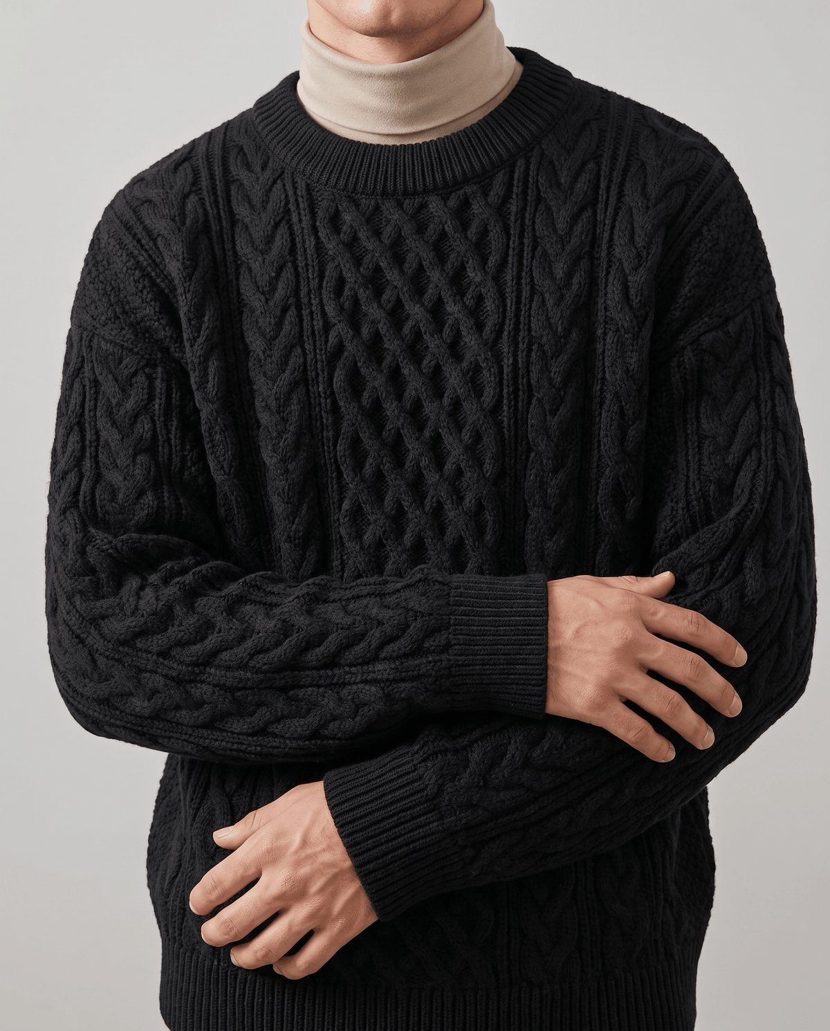 Chunky Cable-Knit Crew Neck Sweater – Fisherman Diamond Pattern, Ribbed Trim & Regular Fit | Anton