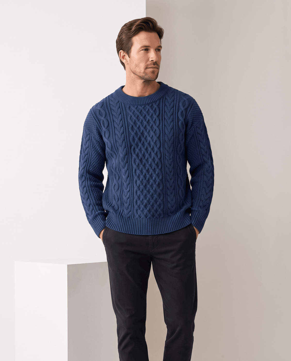 Chunky Cable-Knit Crew Neck Sweater – Fisherman Diamond Pattern, Ribbed Trim & Regular Fit | Anton