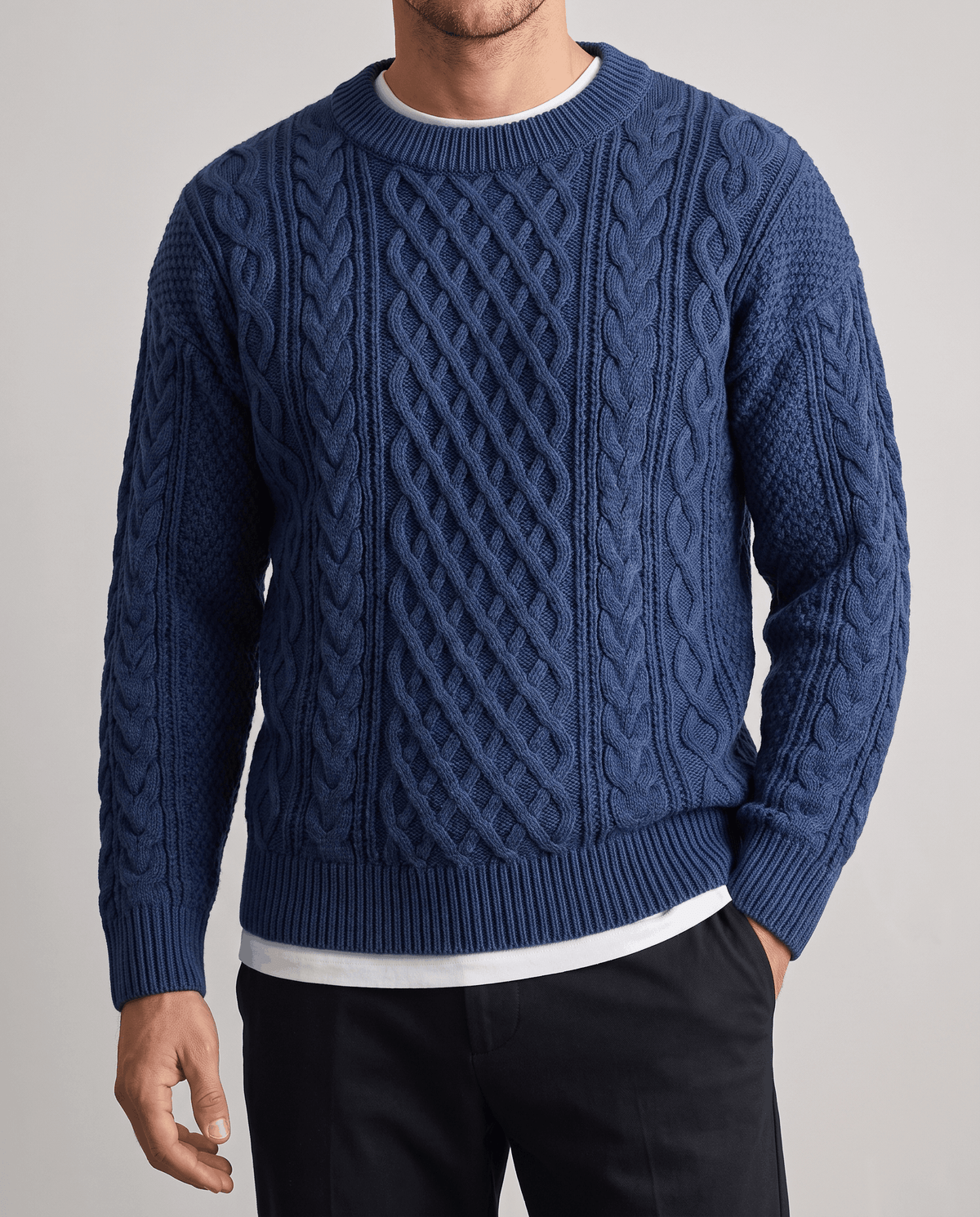 Chunky Cable-Knit Crew Neck Sweater – Fisherman Diamond Pattern, Ribbed Trim & Regular Fit | Anton