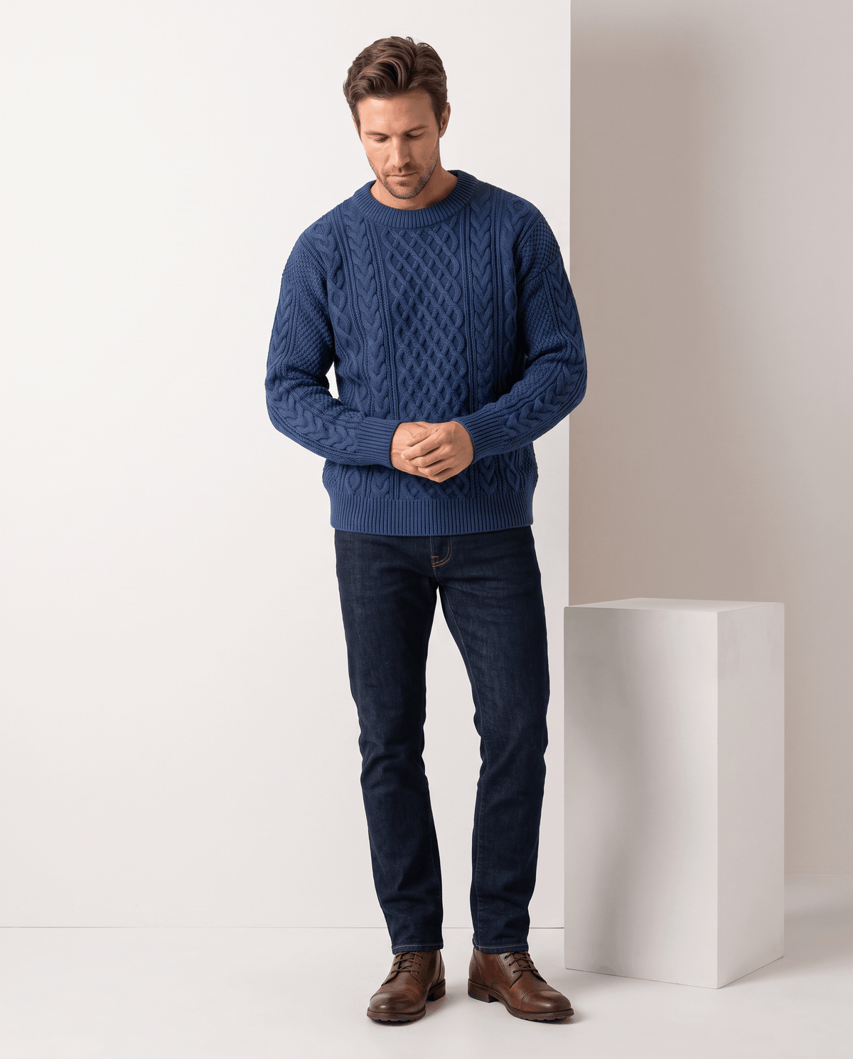 Chunky Cable-Knit Crew Neck Sweater – Fisherman Diamond Pattern, Ribbed Trim & Regular Fit | Anton