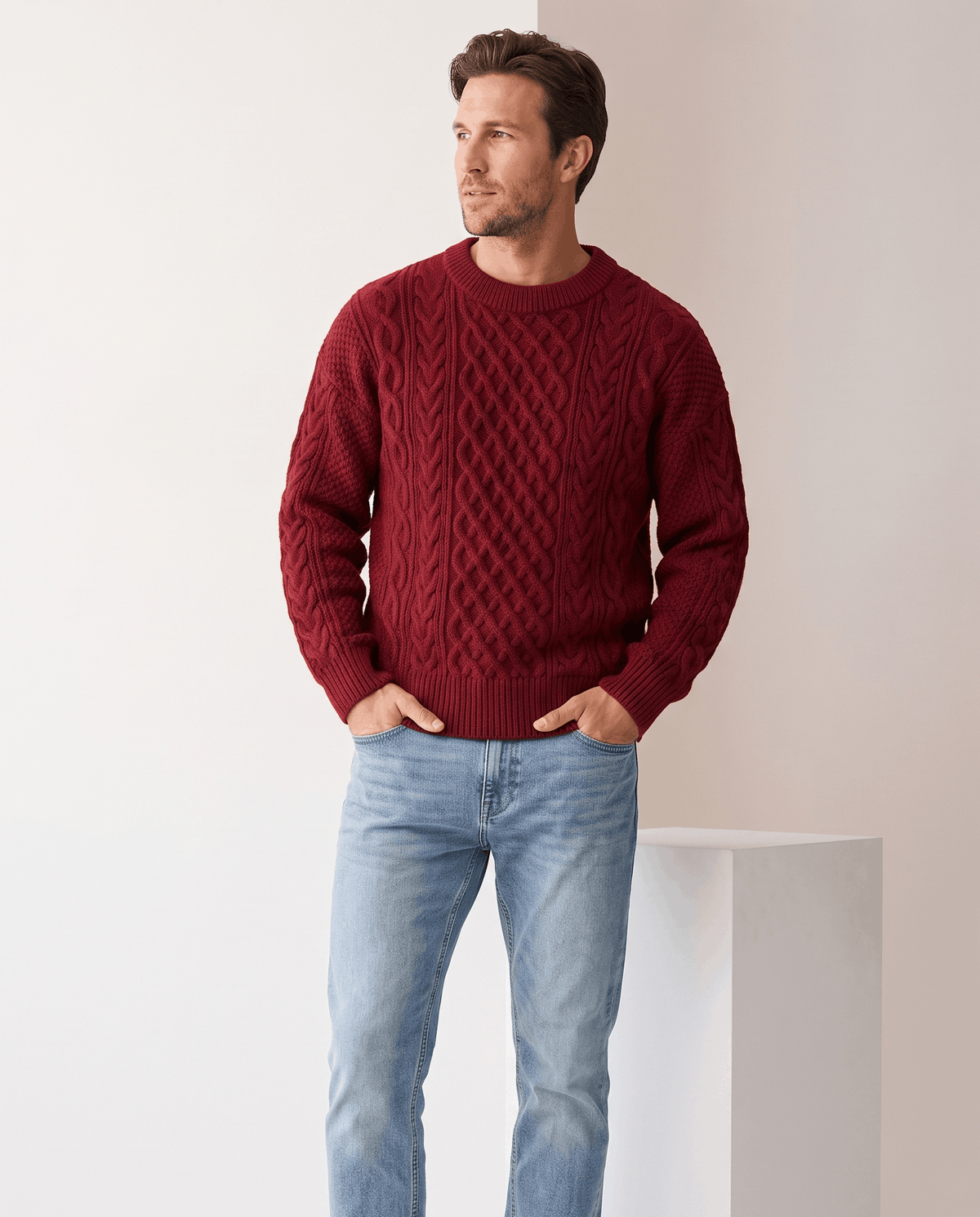 Chunky Cable-Knit Crew Neck Sweater – Fisherman Diamond Pattern, Ribbed Trim & Regular Fit | Anton