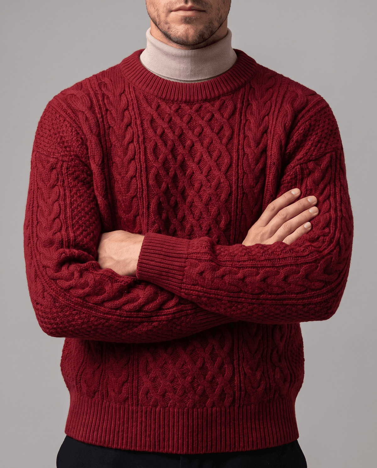Chunky Cable-Knit Crew Neck Sweater – Fisherman Diamond Pattern, Ribbed Trim & Regular Fit | Anton