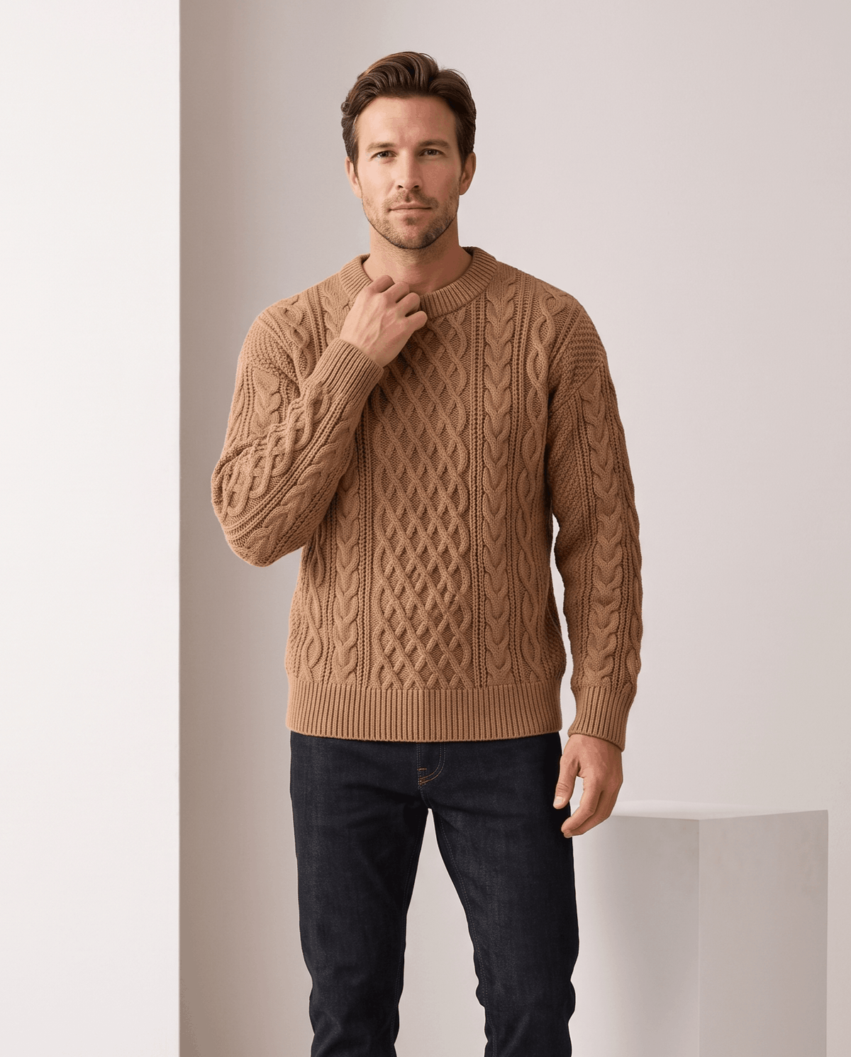 Chunky Cable-Knit Crew Neck Sweater – Fisherman Diamond Pattern, Ribbed Trim & Regular Fit | Anton