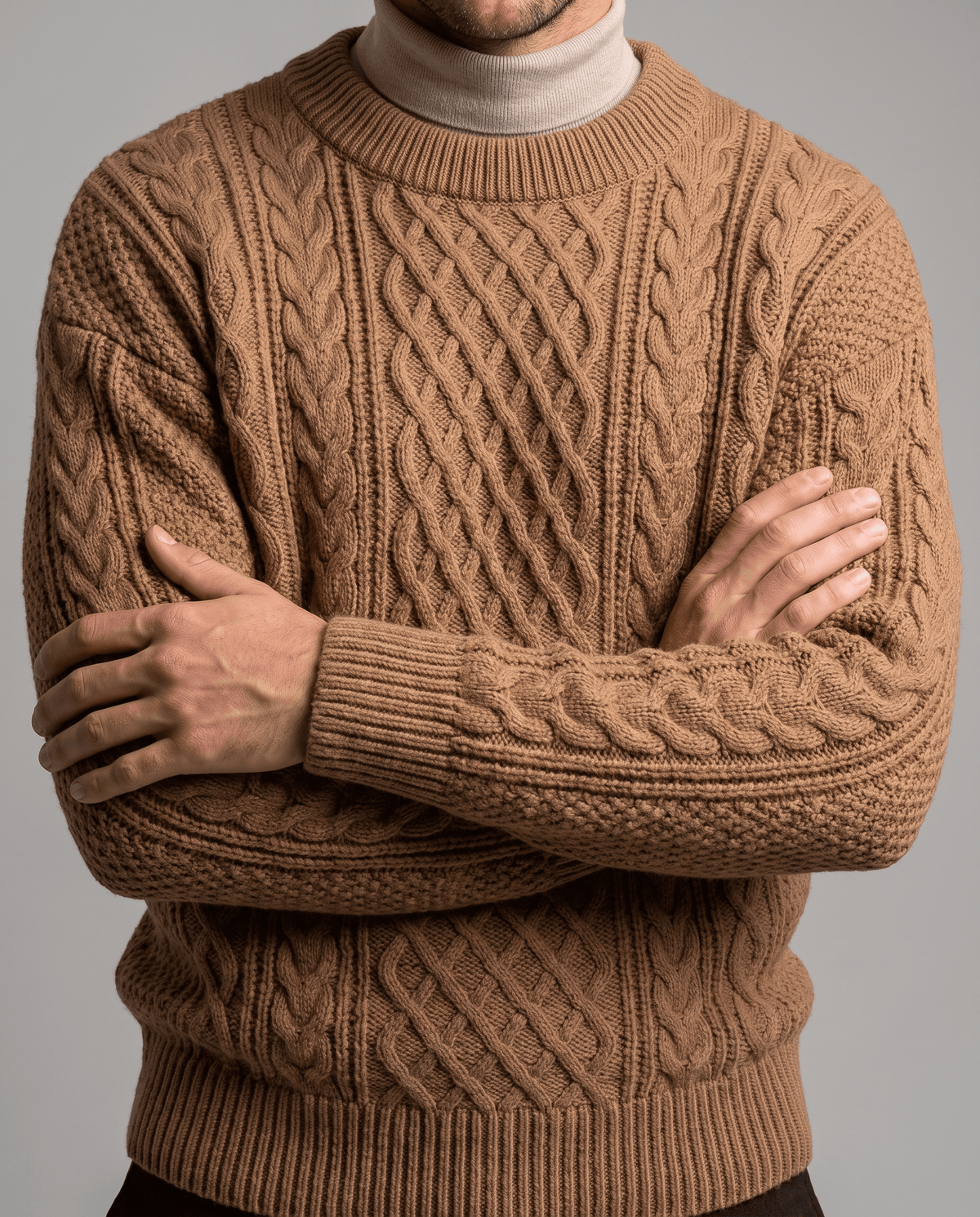 Chunky Cable-Knit Crew Neck Sweater – Fisherman Diamond Pattern, Ribbed Trim & Regular Fit | Anton