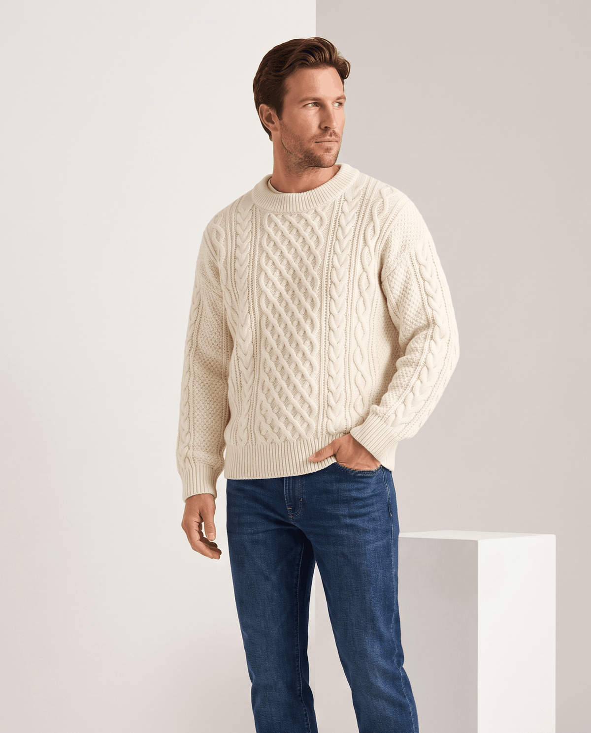 Chunky Cable-Knit Crew Neck Sweater – Fisherman Diamond Pattern, Ribbed Trim & Regular Fit | Anton