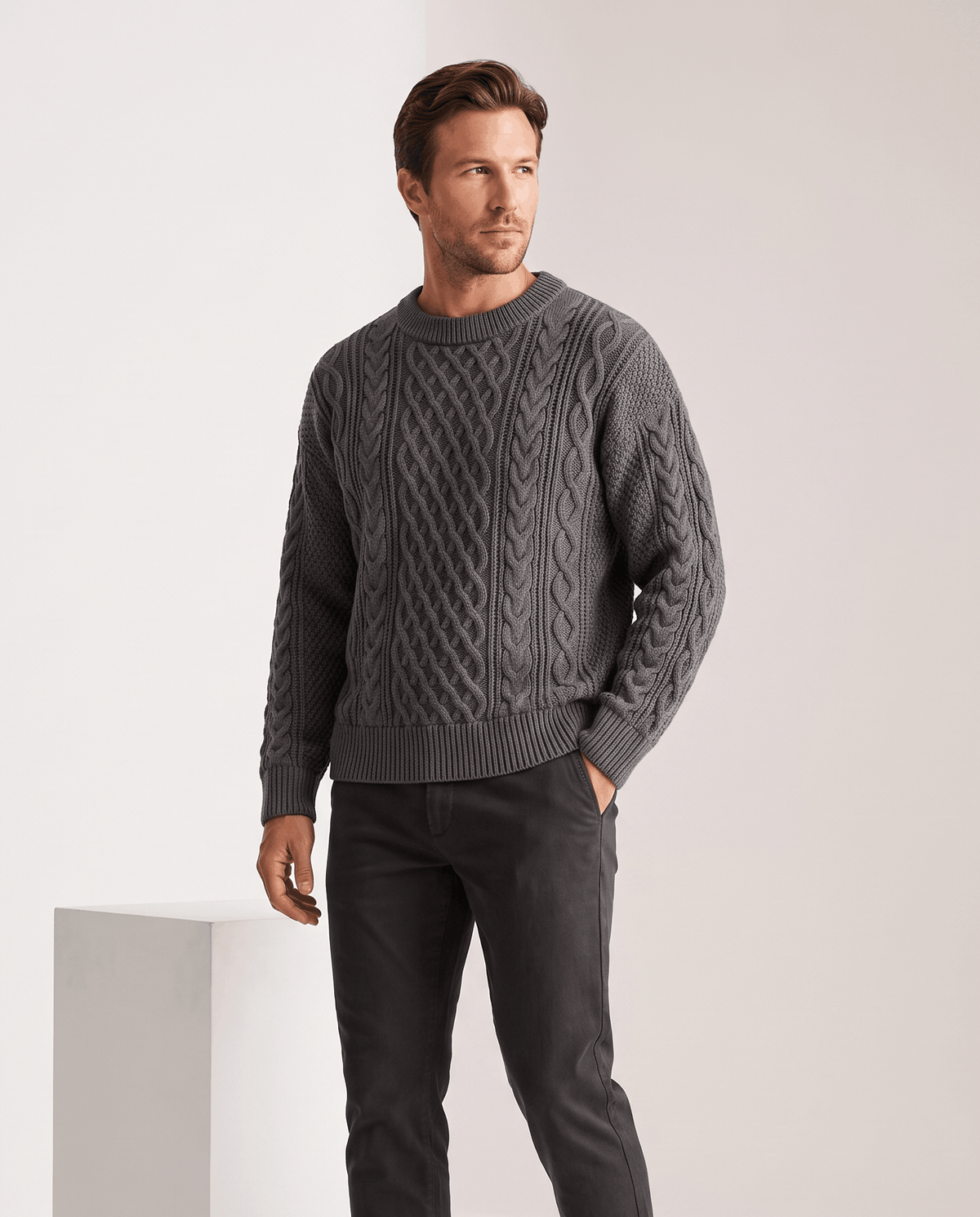 Chunky Cable-Knit Crew Neck Sweater – Fisherman Diamond Pattern, Ribbed Trim & Regular Fit | Anton