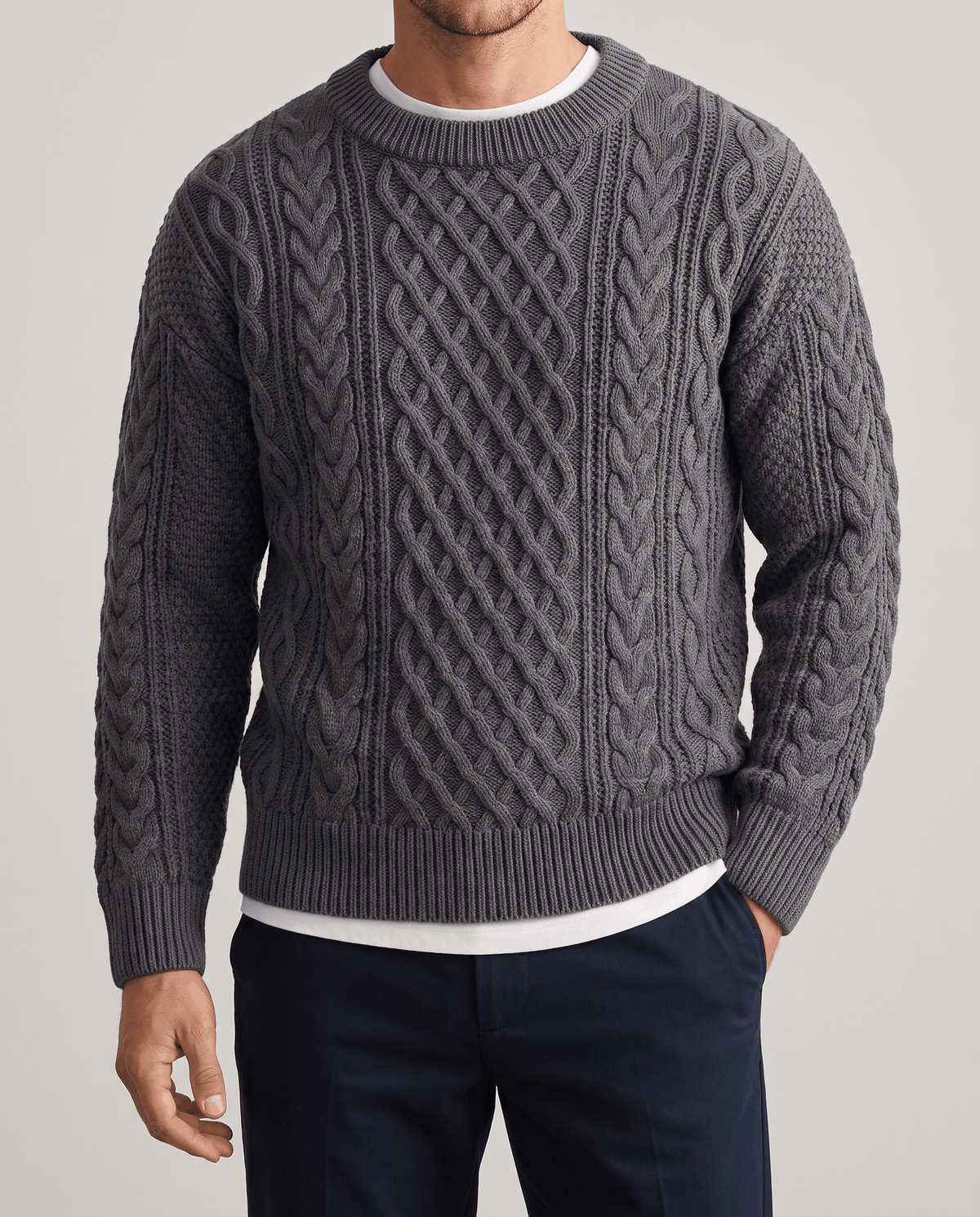 Chunky Cable-Knit Crew Neck Sweater – Fisherman Diamond Pattern, Ribbed Trim & Regular Fit | Anton