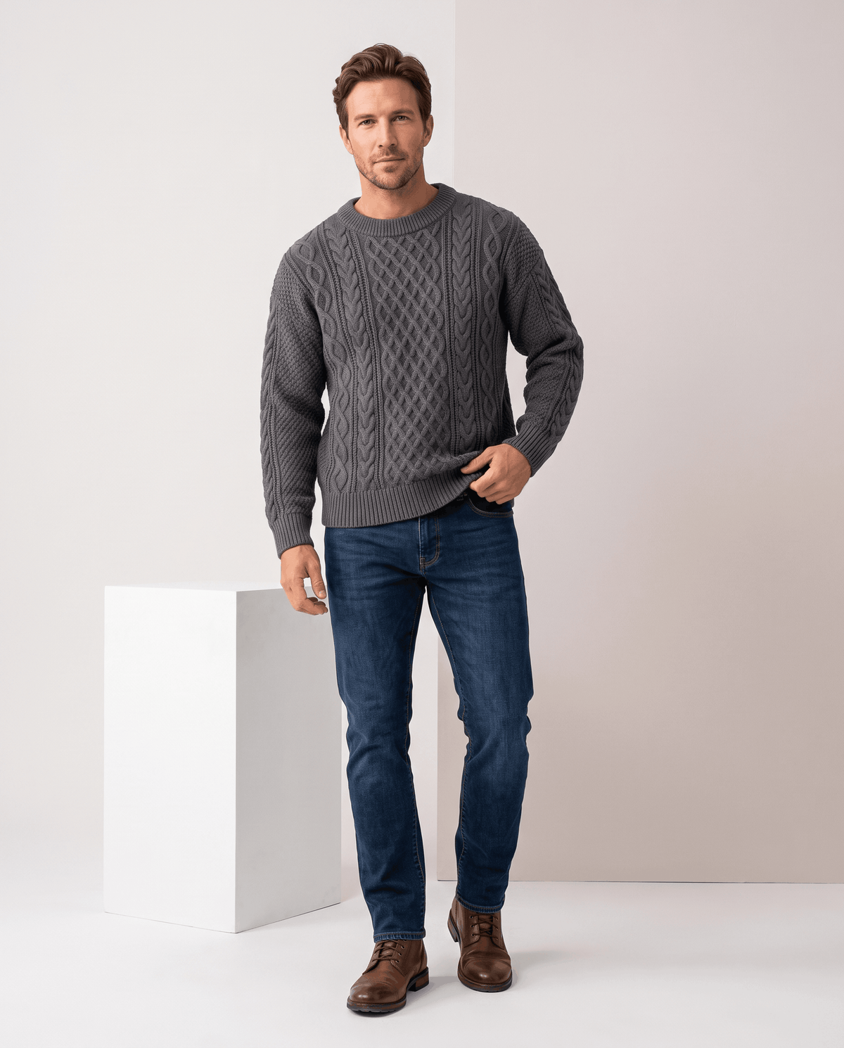 Chunky Cable-Knit Crew Neck Sweater – Fisherman Diamond Pattern, Ribbed Trim & Regular Fit | Anton
