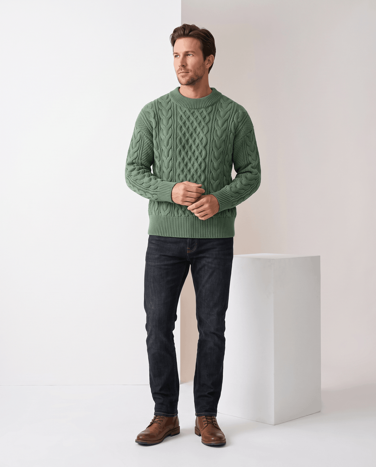 Chunky Cable-Knit Crew Neck Sweater – Fisherman Diamond Pattern, Ribbed Trim & Regular Fit | Anton