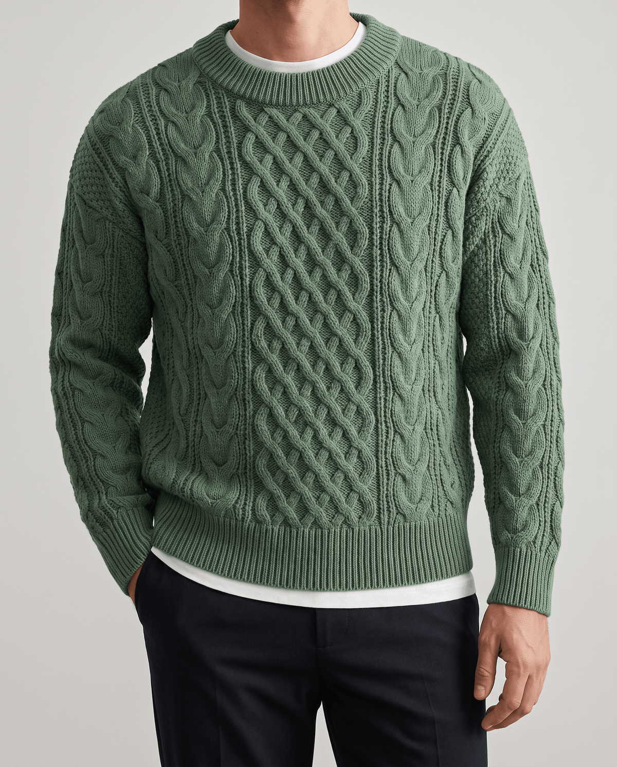 Chunky Cable-Knit Crew Neck Sweater – Fisherman Diamond Pattern, Ribbed Trim & Regular Fit | Anton