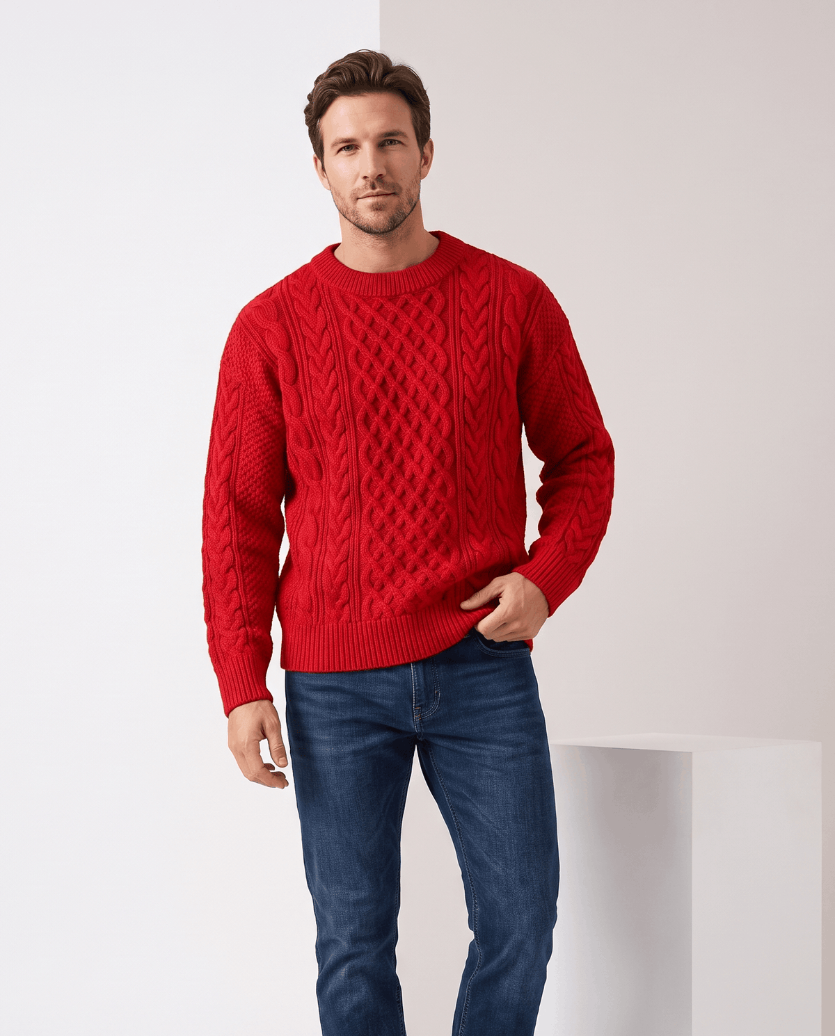 Chunky Cable-Knit Crew Neck Sweater – Fisherman Diamond Pattern, Ribbed Trim & Regular Fit | Anton