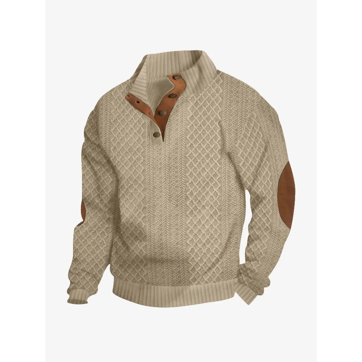 Men's Cable Knit Sweater with Quarter Button Placket and Elbow Patches