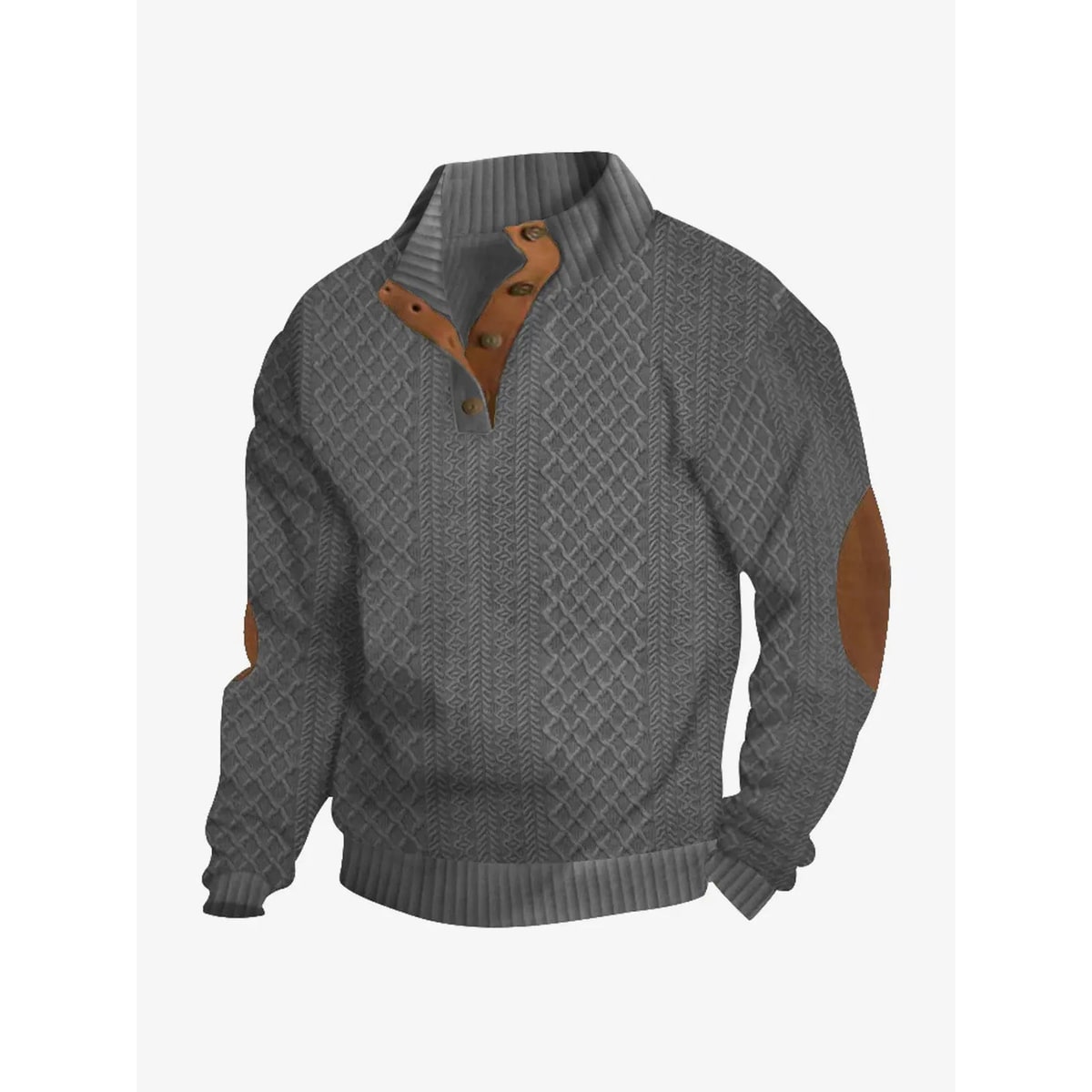 Men's Cable Knit Sweater with Quarter Button Placket and Elbow Patches