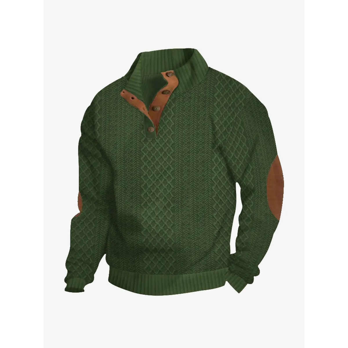 Men's Cable Knit Sweater with Quarter Button Placket and Elbow Patches