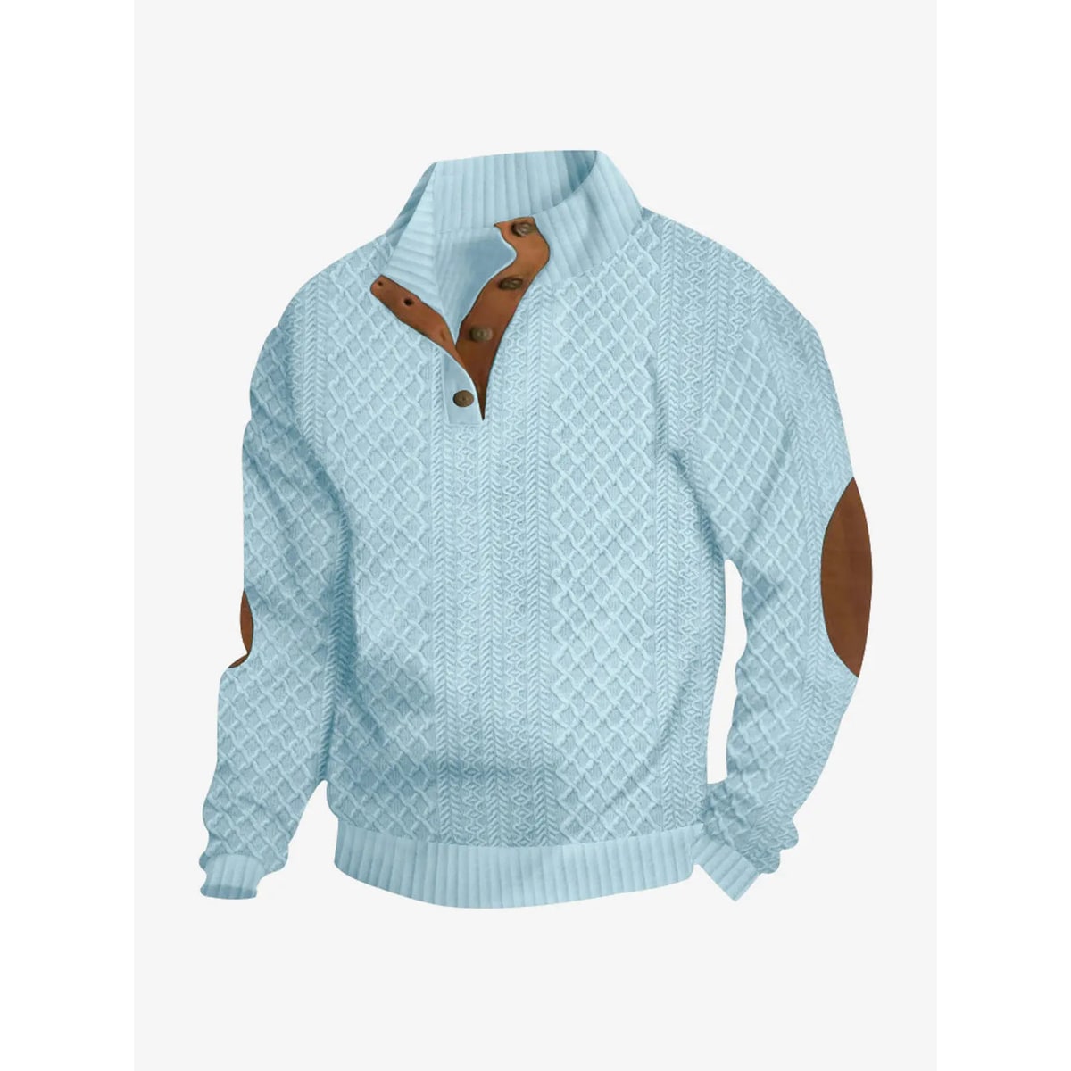 Men's Cable Knit Sweater with Quarter Button Placket and Elbow Patches