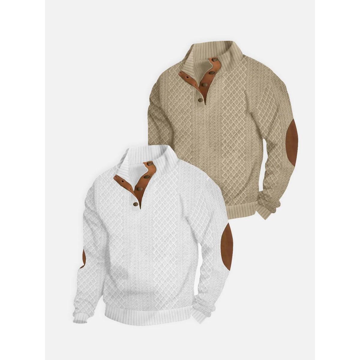 Men's Cable Knit Sweater with Quarter Button Placket and Elbow Patches