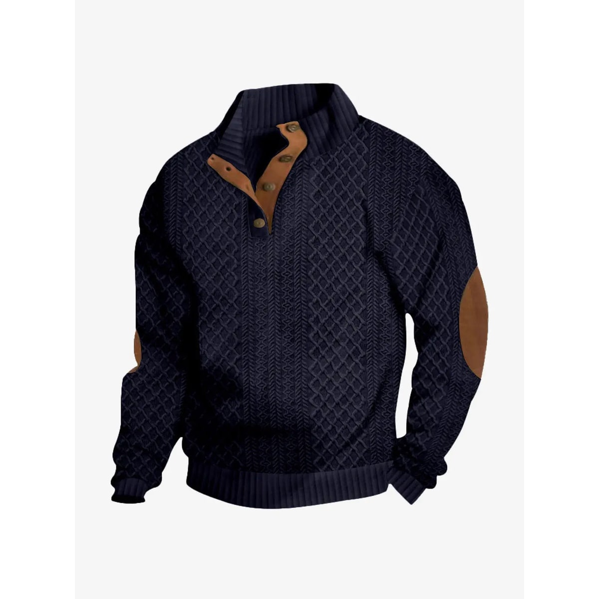 Men's Cable Knit Sweater with Quarter Button Placket and Elbow Patches