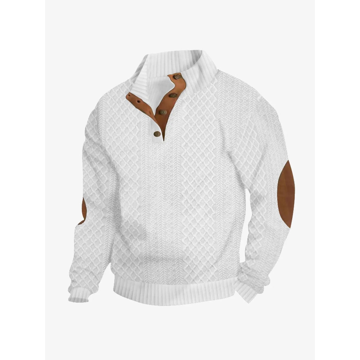Men's Cable Knit Sweater with Quarter Button Placket and Elbow Patches