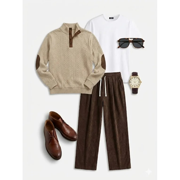 Men's Cable Knit Sweater with Quarter Button Placket and Elbow Patches