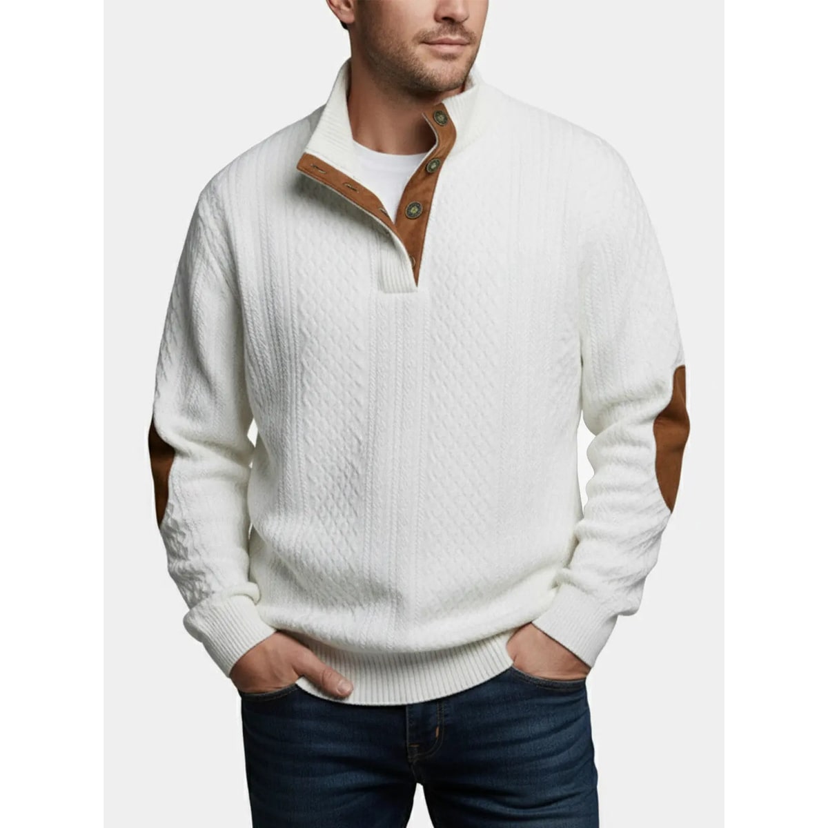 Men's Cable Knit Sweater with Quarter Button Placket and Elbow Patches
