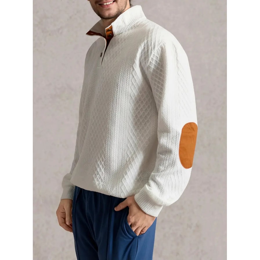 Men's Cable Knit Sweater with Quarter Button Placket and Elbow Patches