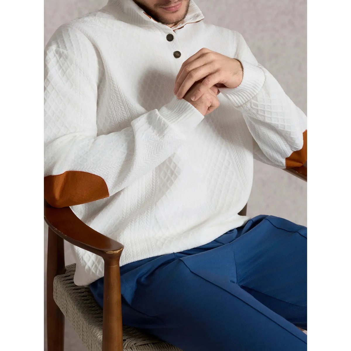 Men's Cable Knit Sweater with Quarter Button Placket and Elbow Patches