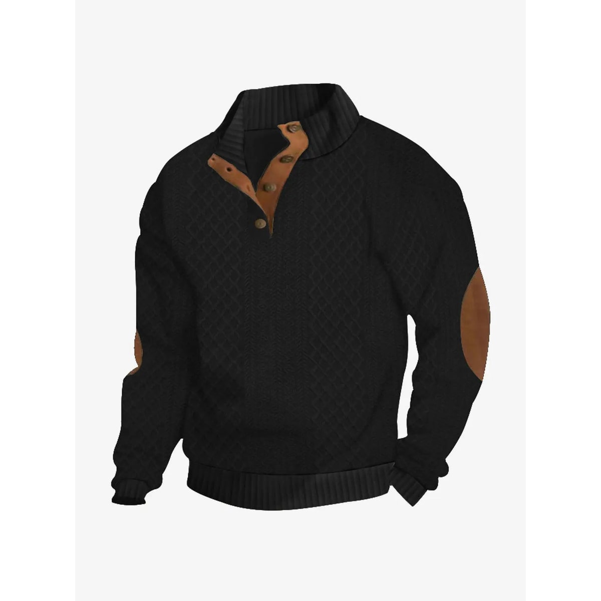 Men's Cable Knit Sweater with Quarter Button Placket and Elbow Patches