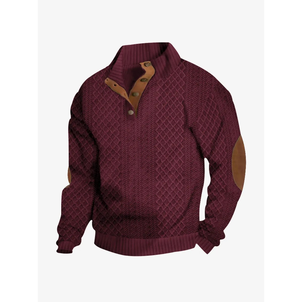 Men's Cable Knit Sweater with Quarter Button Placket and Elbow Patches