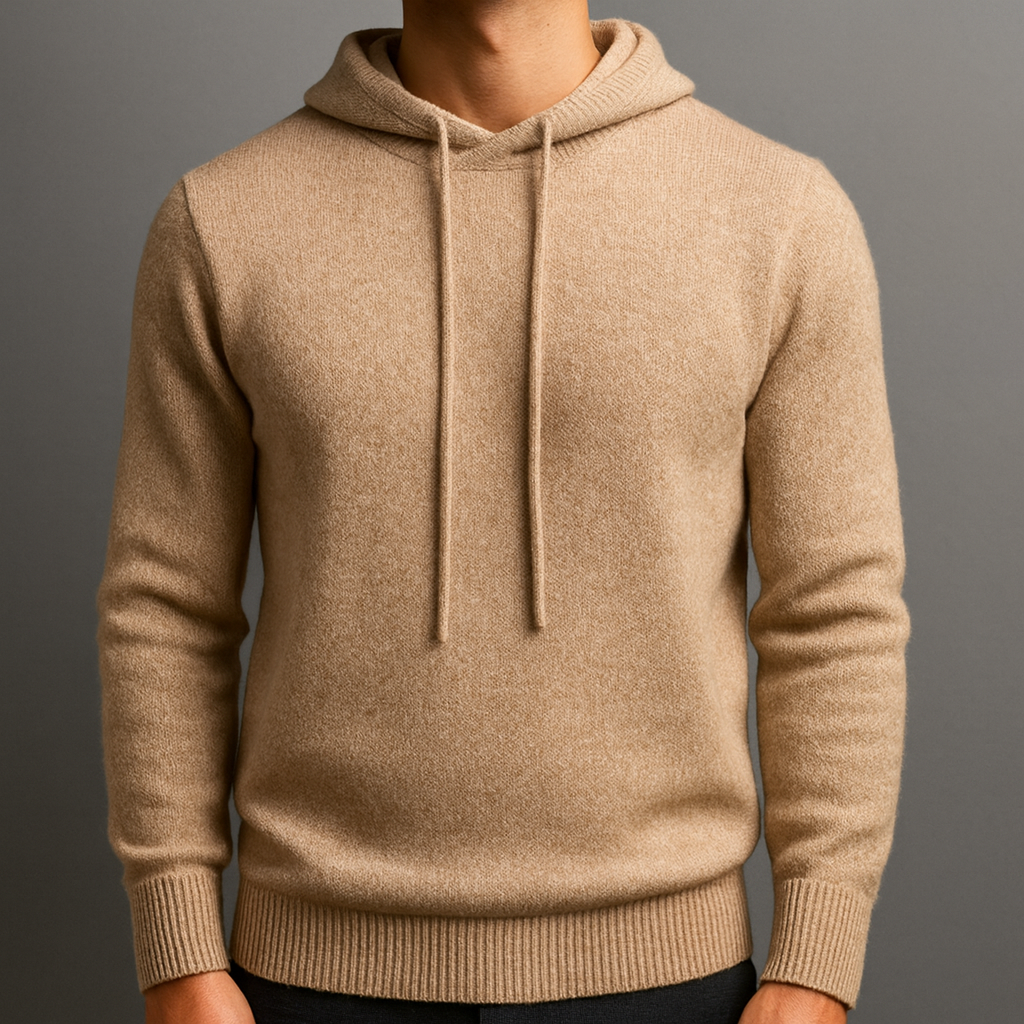 Men's Cashmere Hoodie with Drawstring Hood and Ribbed Cuffs