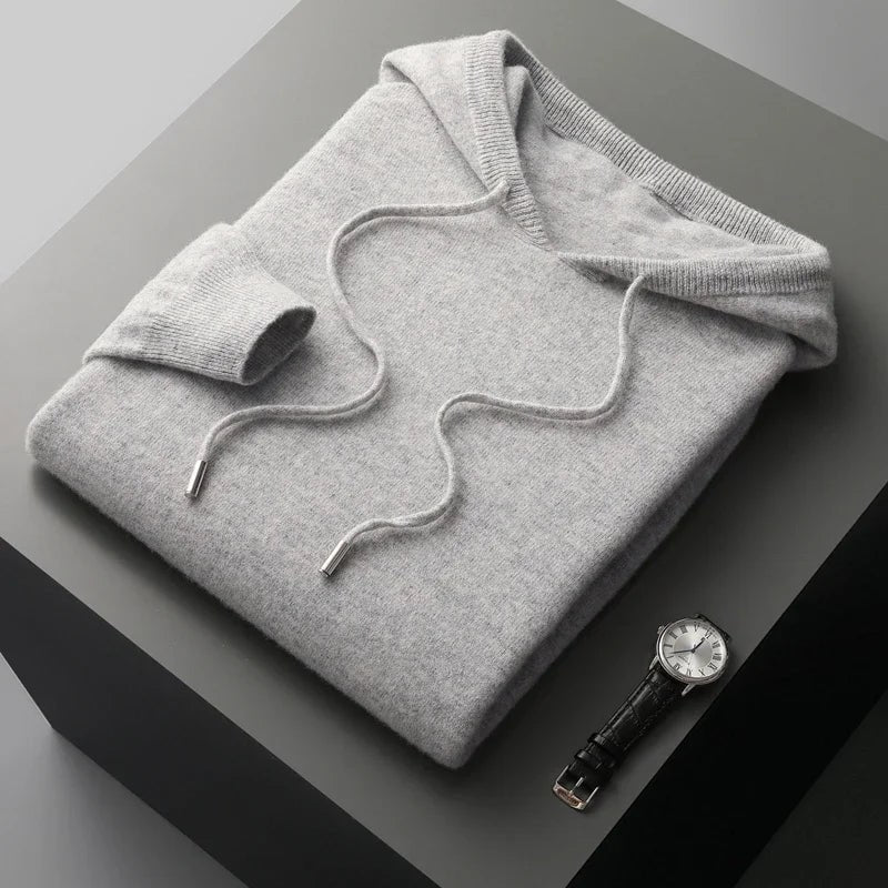 Men's Cashmere Hoodie with Drawstring Hood and Ribbed Cuffs