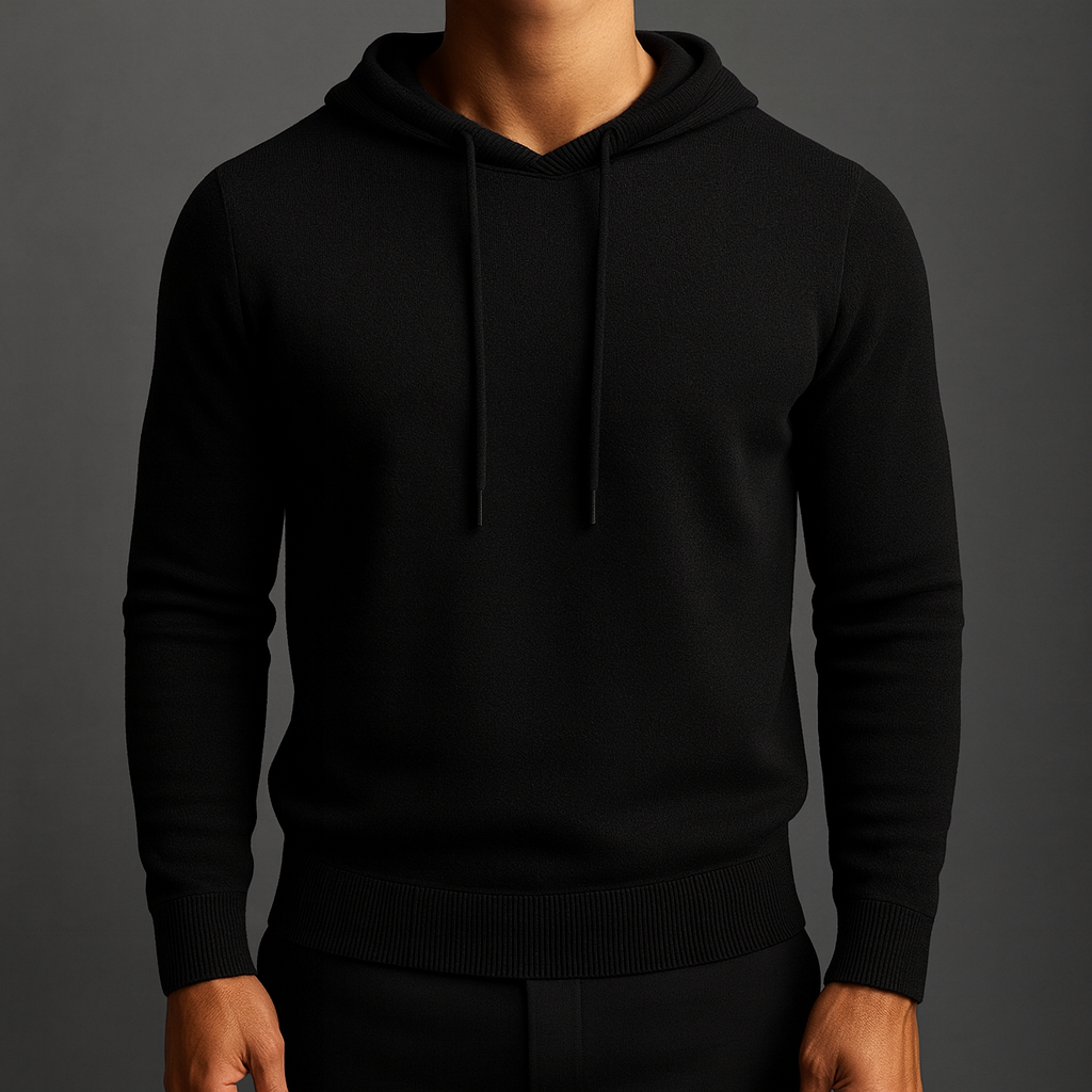 Men's Cashmere Hoodie with Drawstring Hood and Ribbed Cuffs