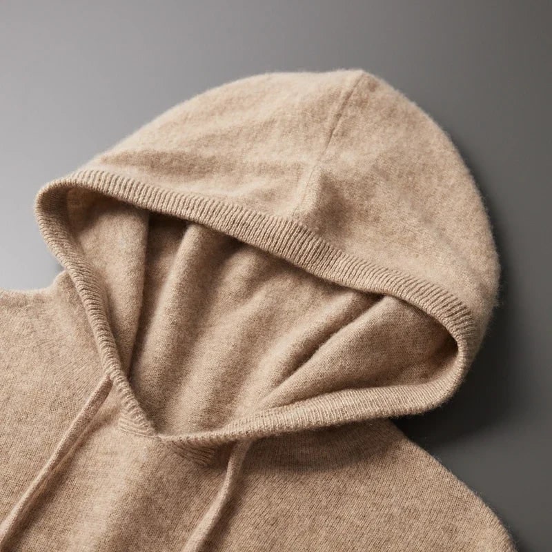 Men's Cashmere Hoodie with Drawstring Hood and Ribbed Cuffs