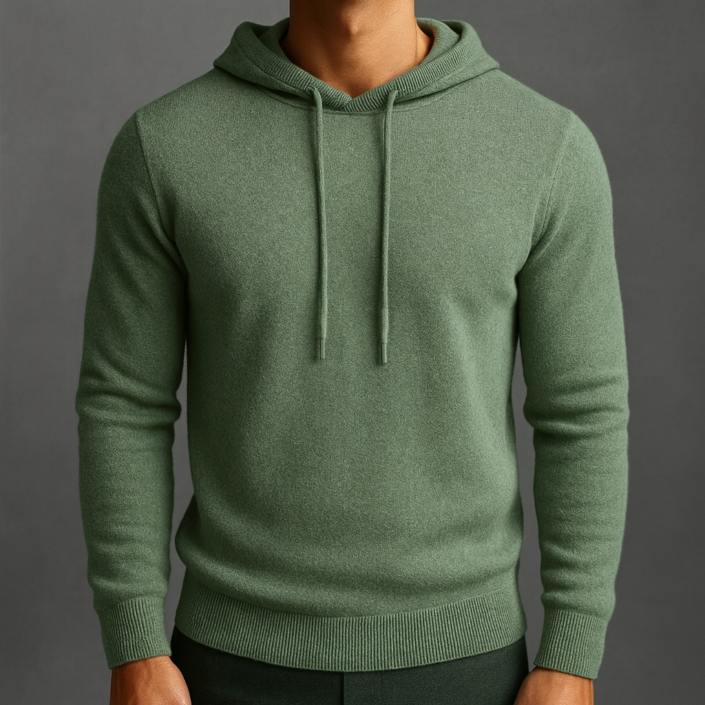 Men's Cashmere Hoodie with Drawstring Hood and Ribbed Cuffs