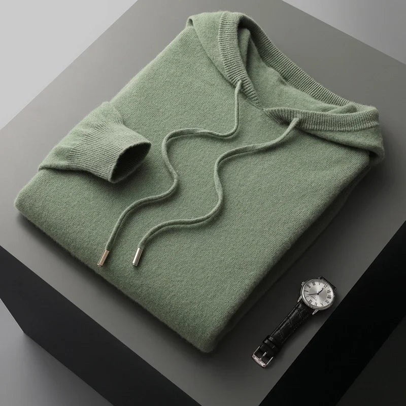 Men's Cashmere Hoodie with Drawstring Hood and Ribbed Cuffs