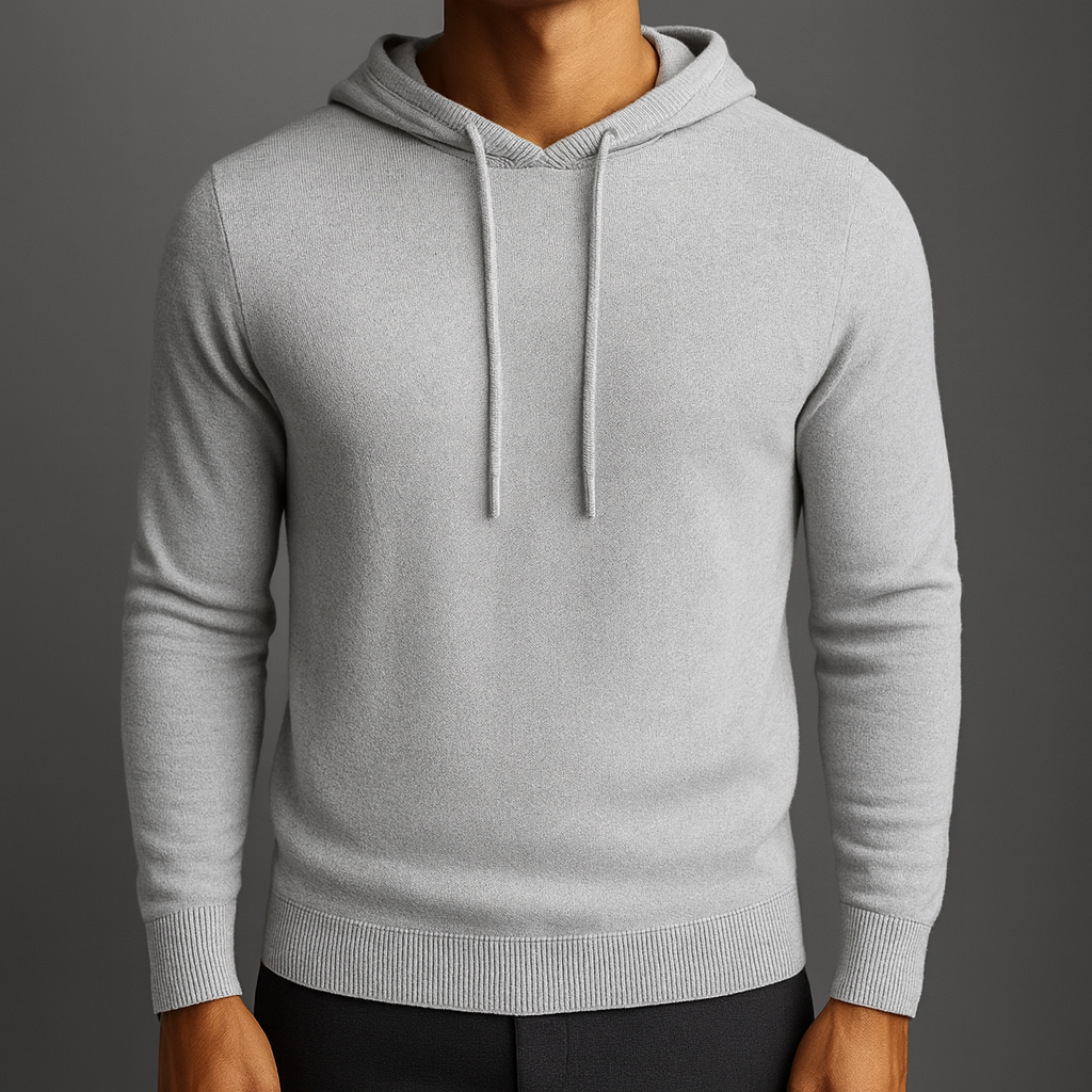 Men's Cashmere Hoodie with Drawstring Hood and Ribbed Cuffs