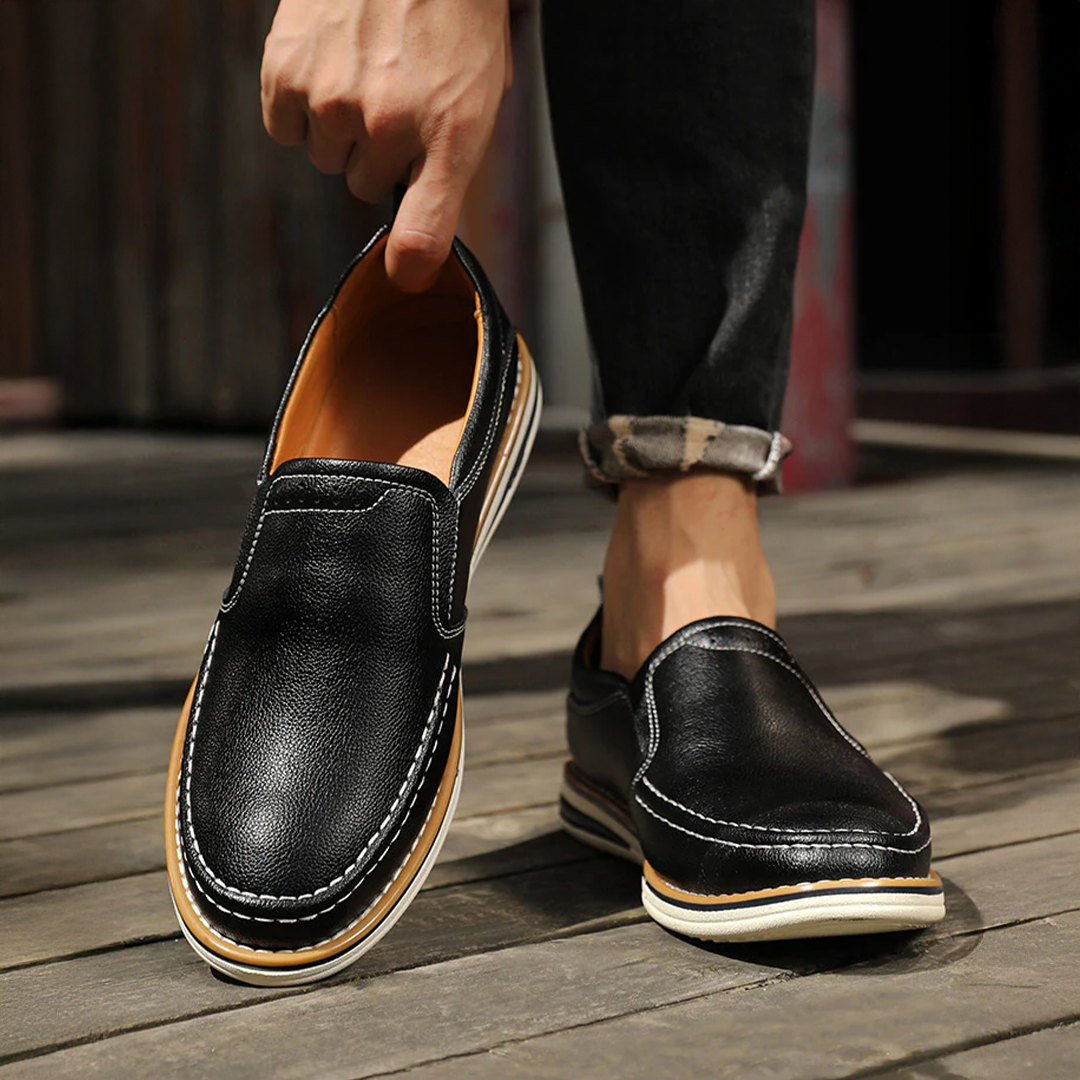 Men's Casual Dress Slip-On Loafers with Leather Upper and Contrast Stitching
