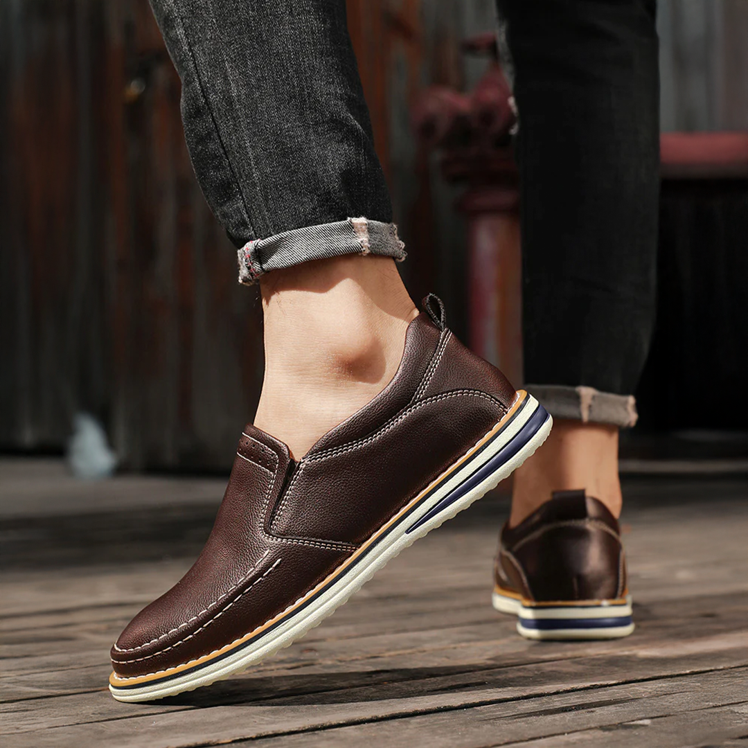 Men's Casual Dress Slip-On Loafers with Leather Upper and Contrast Stitching